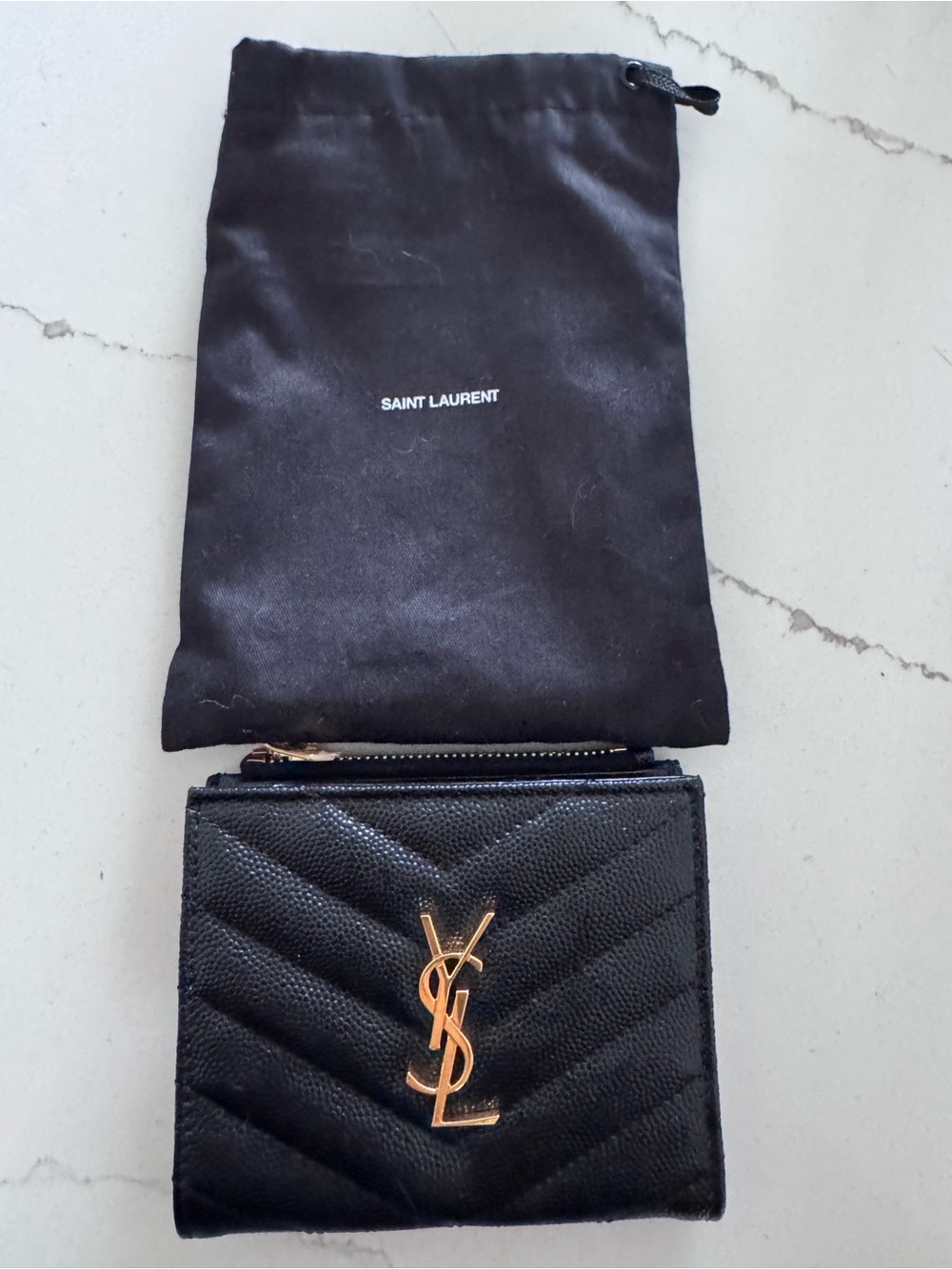 Saint Laurent Black Quilted Leather Mini Wallet with Gold YSL Emblem